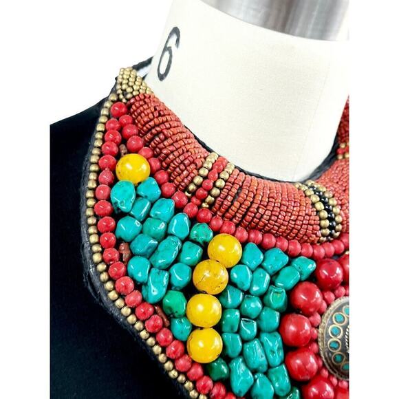 Tibetan Turquoise / Coral Beaded Neck Plate Bib  Necklace + Earrings - Picture 9 of 10